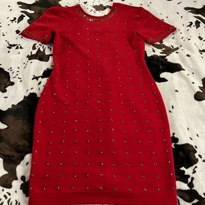 Red studded body-con dress M stretch sleek knit v-back rhinestones Holiday cheer